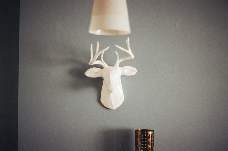 une lampe en bois blanche au dessus d'une tête de cerf en résine