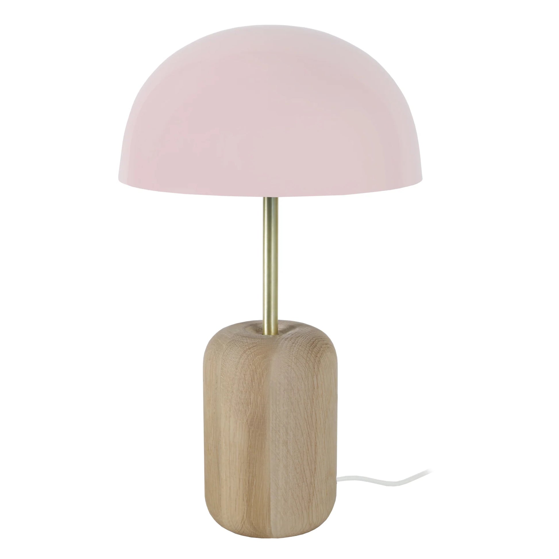 une lampe de chevet champignon avec un abat jour rose et un pied en bois