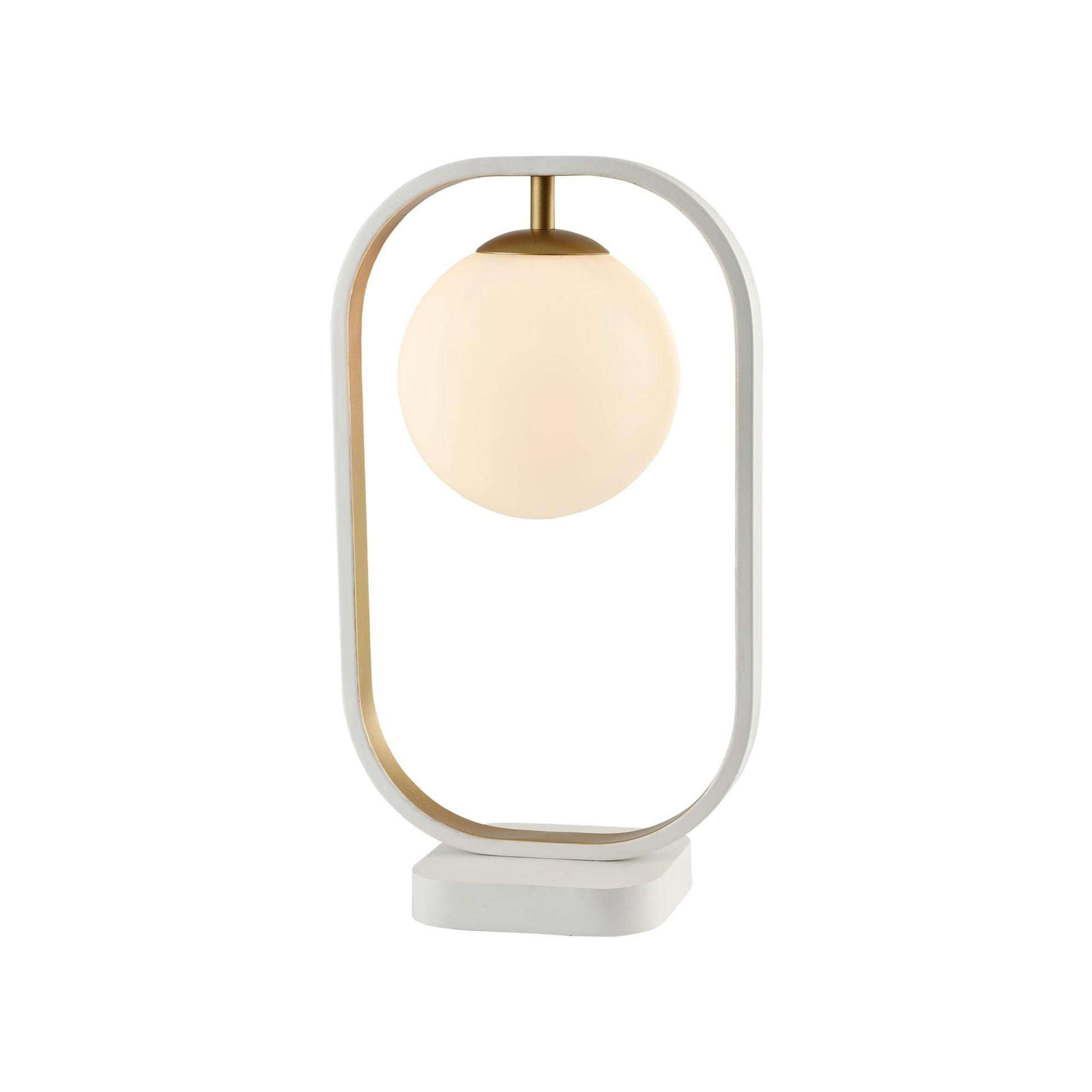 Une Lampe de Chevet contemporaine, fabriqué avec un globe lumineux entouré d'un cadre doré.