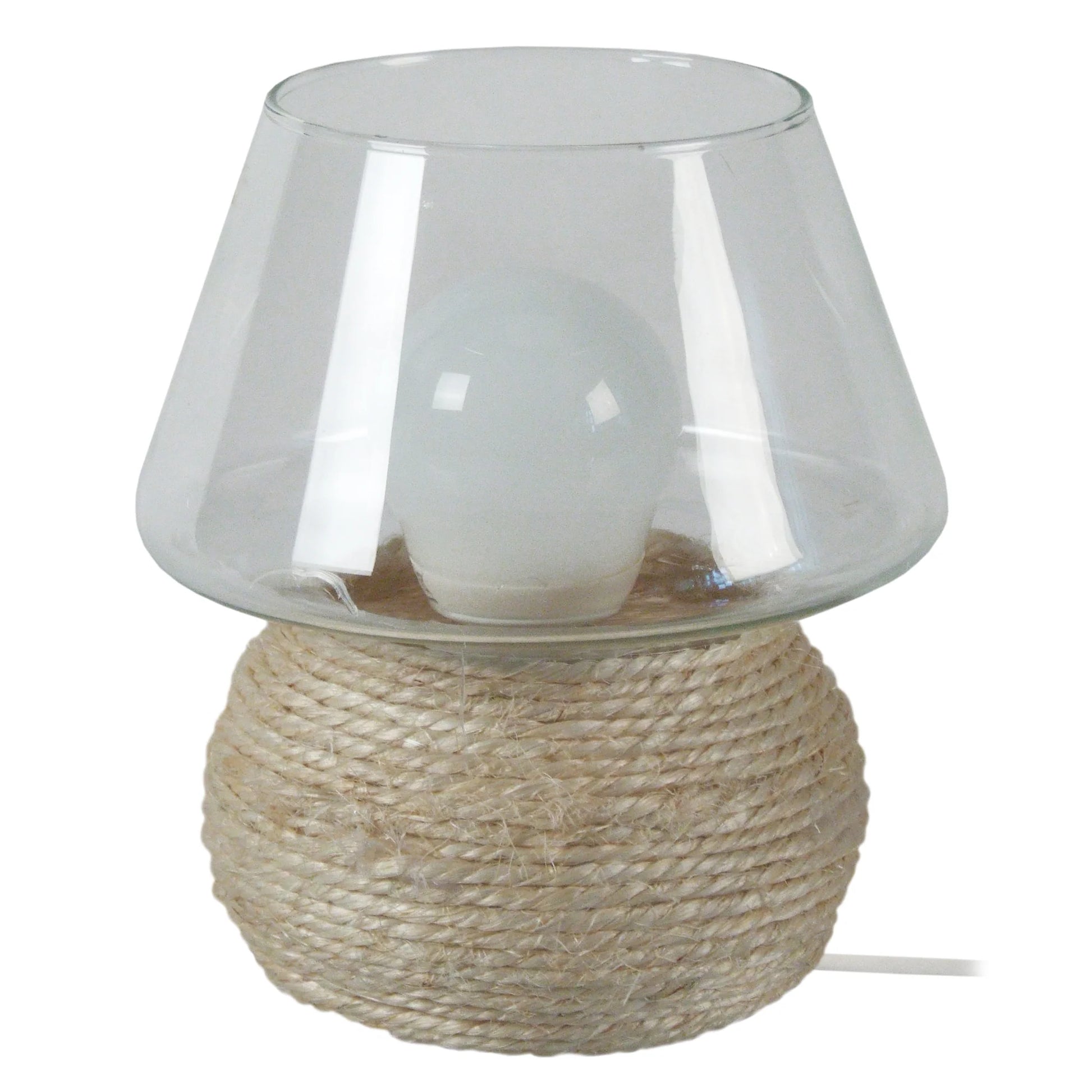 une petite lampe de chevet avec un abat jour en verre soufflé et un pied en cordelette