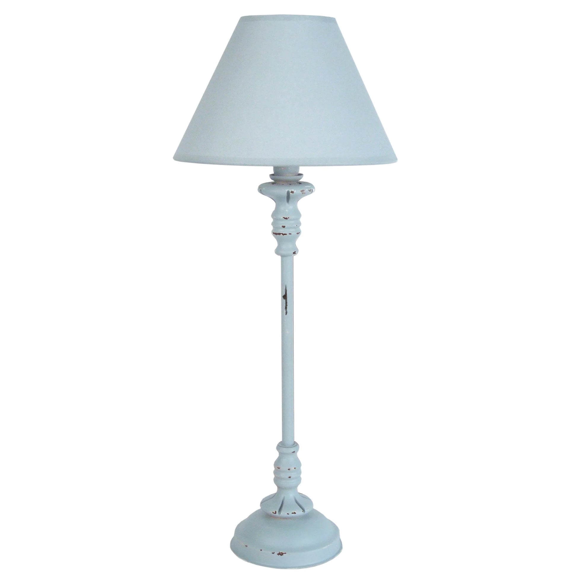 Une lampe vintage en bois de couleur bleu/gris