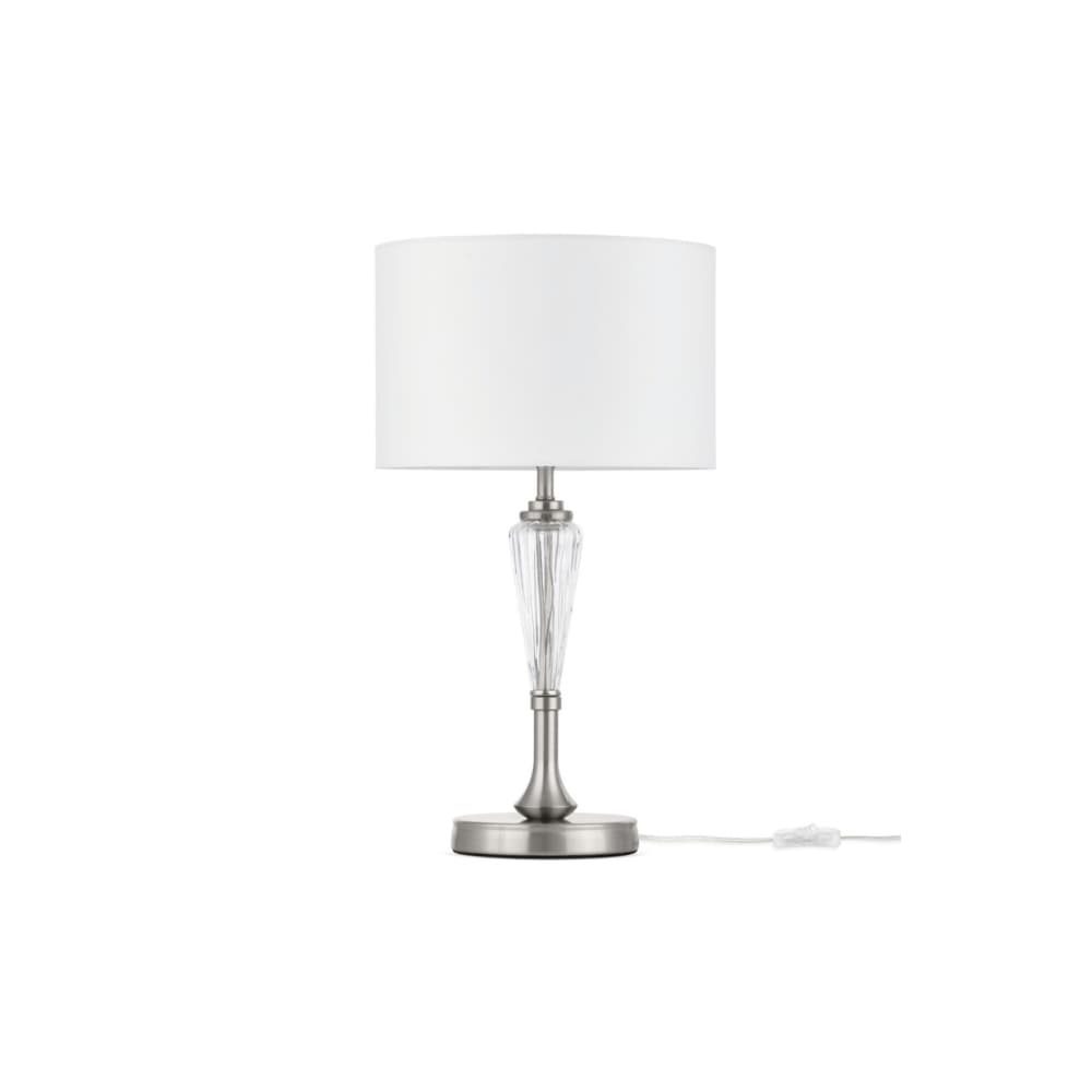 une lampe de chevet simple et intemporel avec une base en verre et abat jour blanc